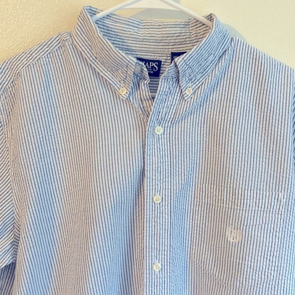 Chaos Men's Blue/White Pinstripe Short Sleeve Button Down Pocket Cotton..Size:L